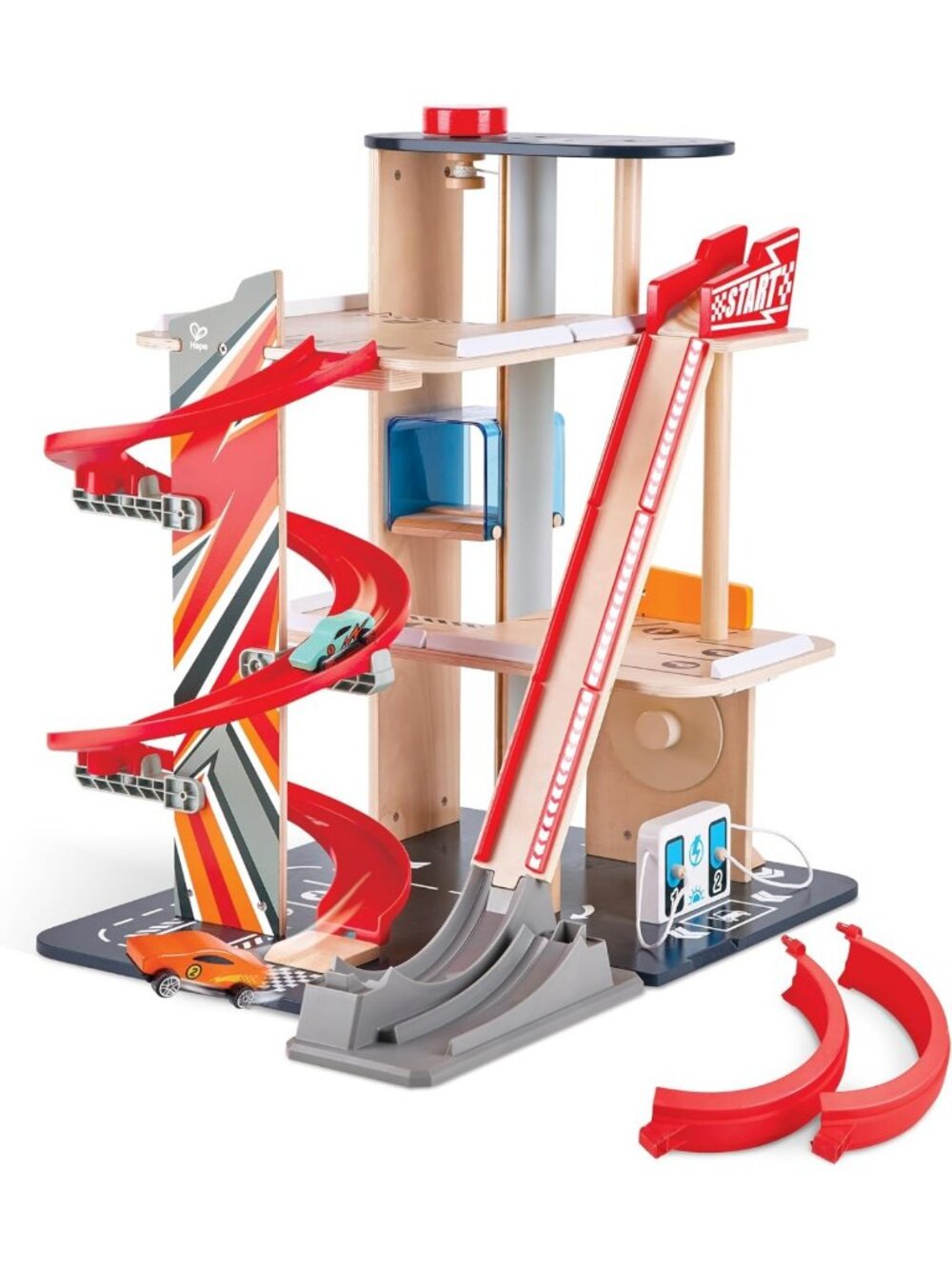 Kids Wooden Toy Car Parking Garage Playset with Elevator, Tracks & 2 Racecars